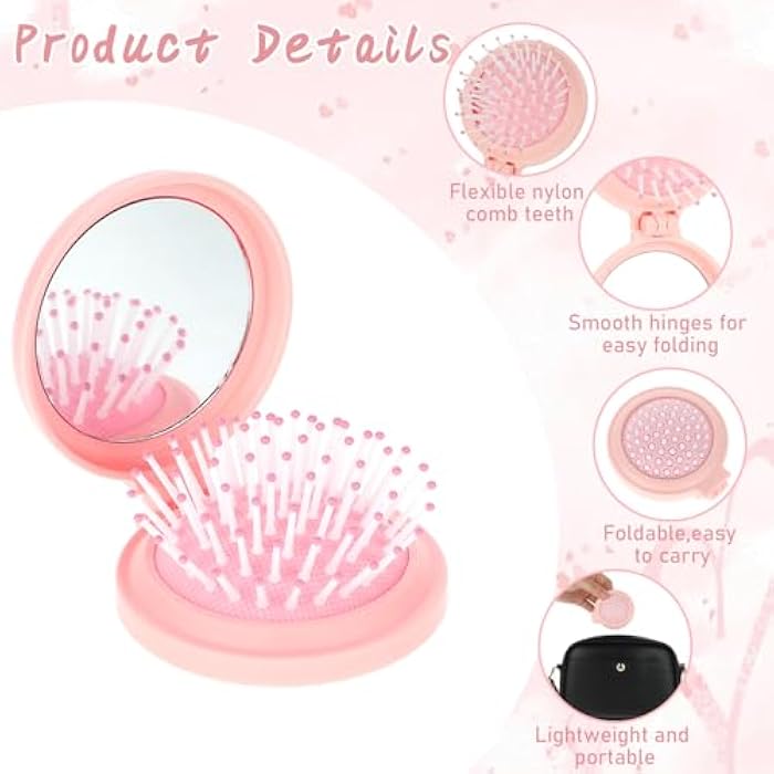 Gtziqa Travel Hair Brush with Mirror, Folding Mini Hair Brush Round Pocket Brushes Compact Travel Brushes for Hairs, Foldable Mini Purse Mirror Portable Massage Comb for Women and Girls, Pink - Image 4